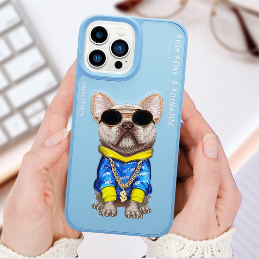 NIMMY 3D Embroidery Leather Hip-Hop Pug Case For iPhone 13/13Pro/13Pro Max