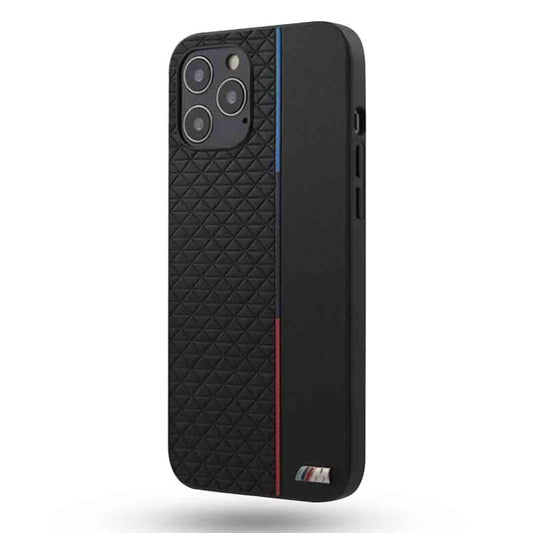 IPHONE 13/13 pro max-PU LEATHER BLACK M COLLECTION WITH SMALL TRIANGLE PATTERN AND CONSTRASTED TRICOLOR STRIPE - BMW