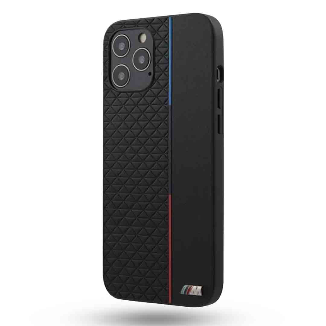 IPHONE 13/13 pro max-PU LEATHER BLACK M COLLECTION WITH SMALL TRIANGLE PATTERN AND CONSTRASTED TRICOLOR STRIPE - BMW